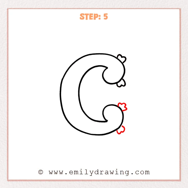 how to draw a fancy letter c - Step 5 of a fancy letter C drawing adds two small heart decorations near the lower-right flourish, matching the style of the hearts at the top.
